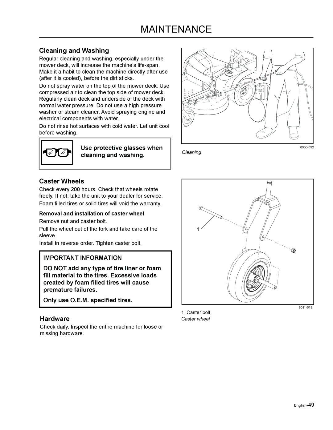 Husqvarna LZF5227, LZF6127 manual Cleaning and Washing, Caster Wheels, Hardware, Removal and installation of caster wheel 