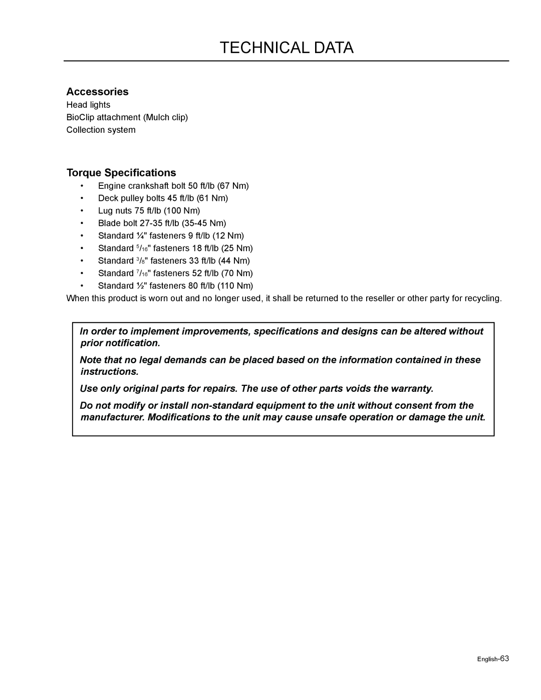 Husqvarna LZF5227, LZF6127 manual Accessories, Torque Specifications 