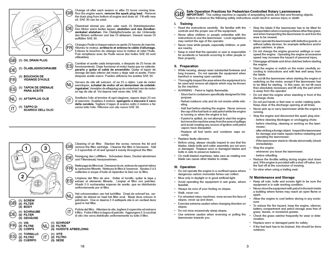 Husqvarna M 145SV instruction manual Training, II. Preparation, III. Operation, IV. Maintenance and Storage 