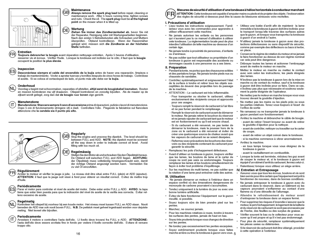 Husqvarna M 145SV Maintenance, Wartung, Précautions d’utilisation, Inspeccion, Onderhoud, Manutenzione, II. Préparation 