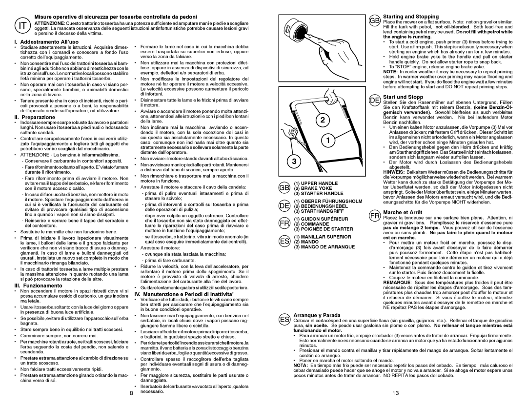 Husqvarna M 145SV Starting and Stopping, Addestramento All’uso, II. Preparazione, III. Funzionamento, Start und Stopp 