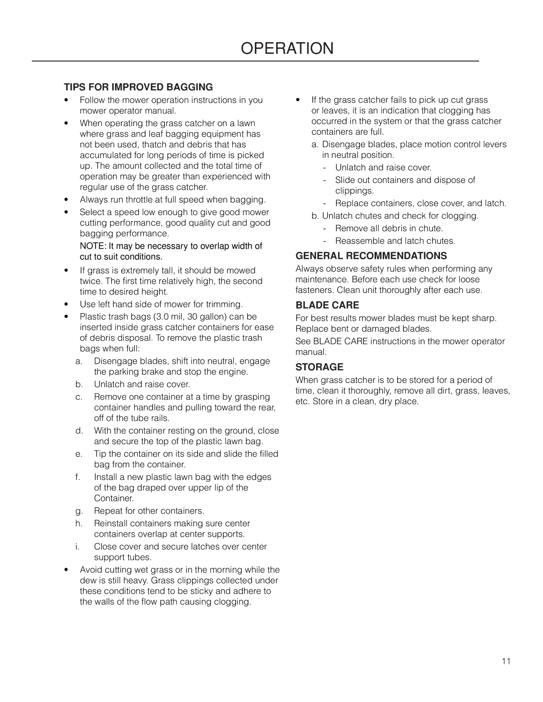 Husqvarna M-ZT 61 /966793003 manual Operation, Tips for Improved Bagging, General Recommendations, Blade Care, Storage 