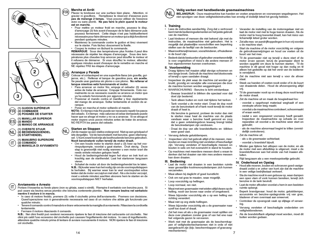 Husqvarna M145 Marche et Arrêt, Veilig werken met handbediende grasmaaimachines, Arranque y Parada, Starten en Stoppen 
