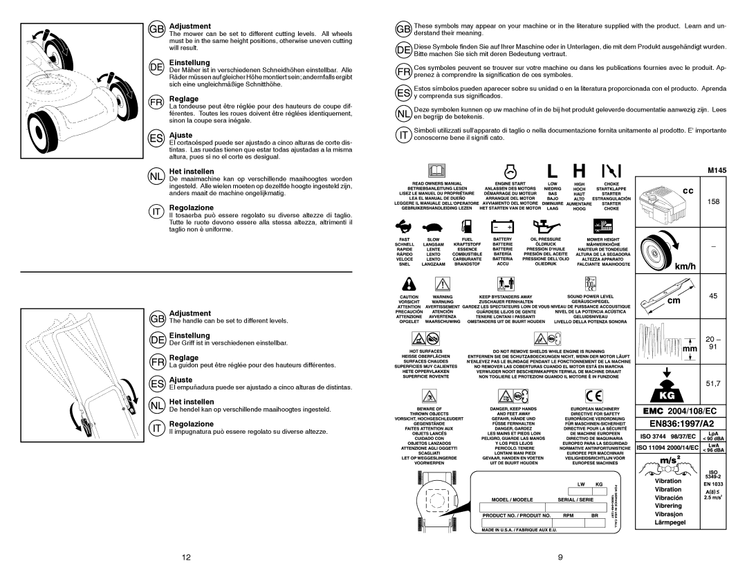 Husqvarna M145 instruction manual Adjustment, Einstellung, Reglage, Ajuste, Het instellen, Regolazione 