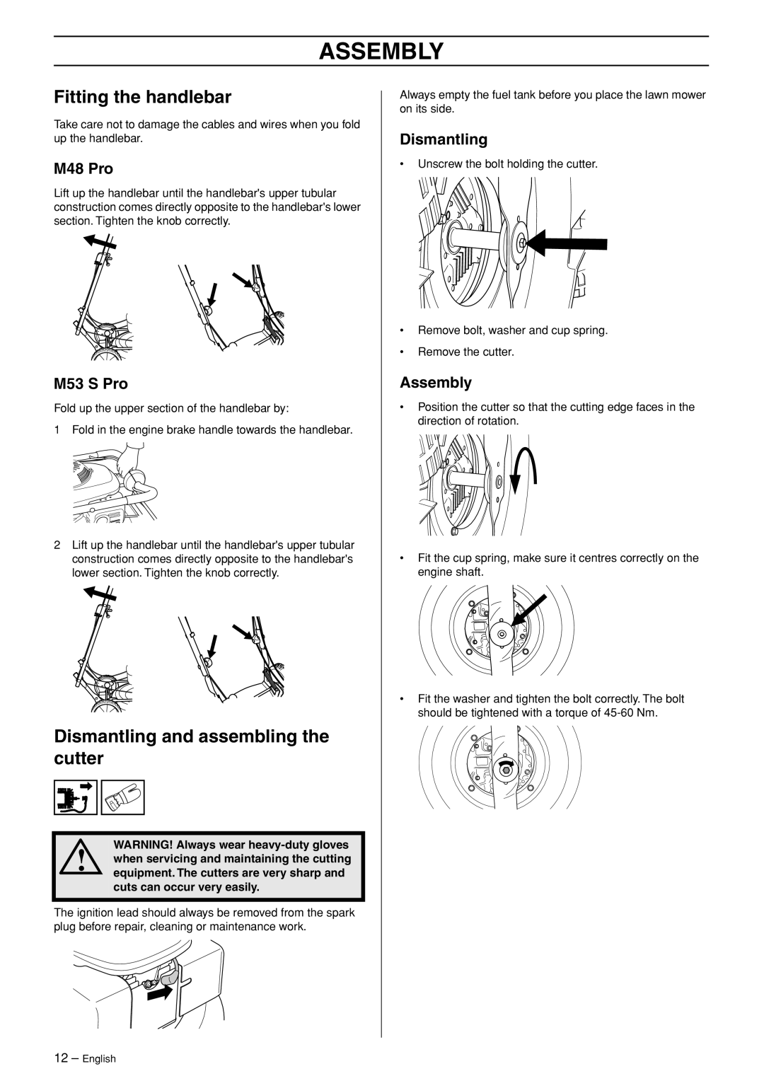 Husqvarna M48 Pro, M53 S Pro manual Assembly, Fitting the handlebar, Dismantling and assembling the cutter 