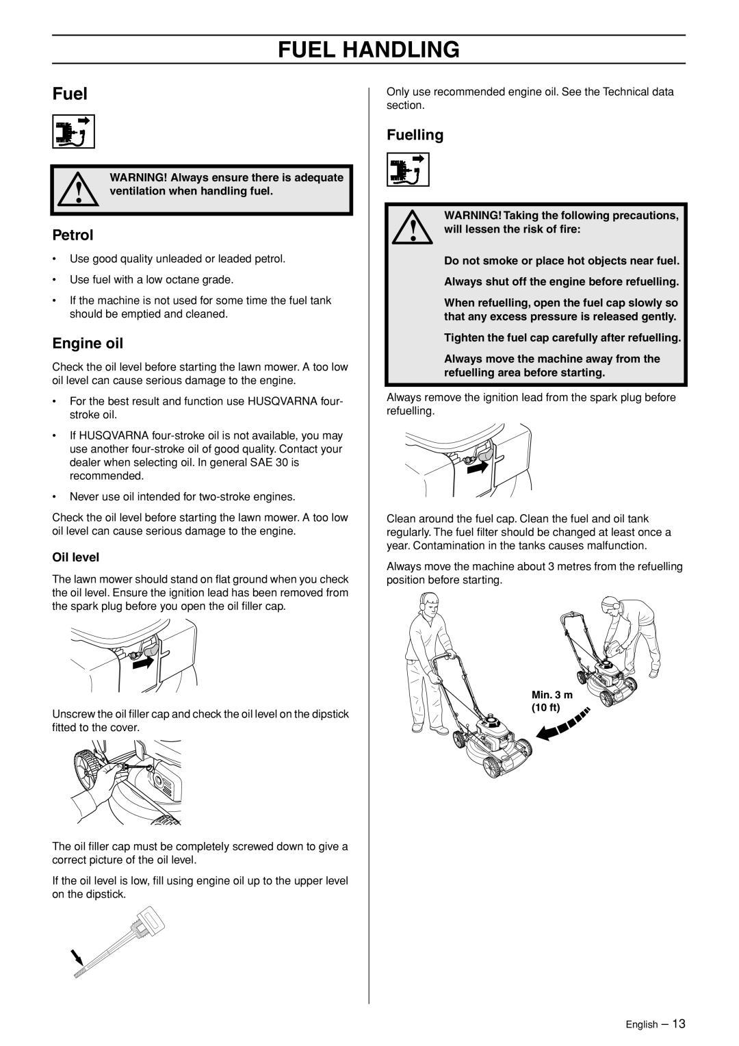 Husqvarna M48 Pro, M53 S Pro manual Fuel Handling, Petrol, Engine oil, Fuelling 
