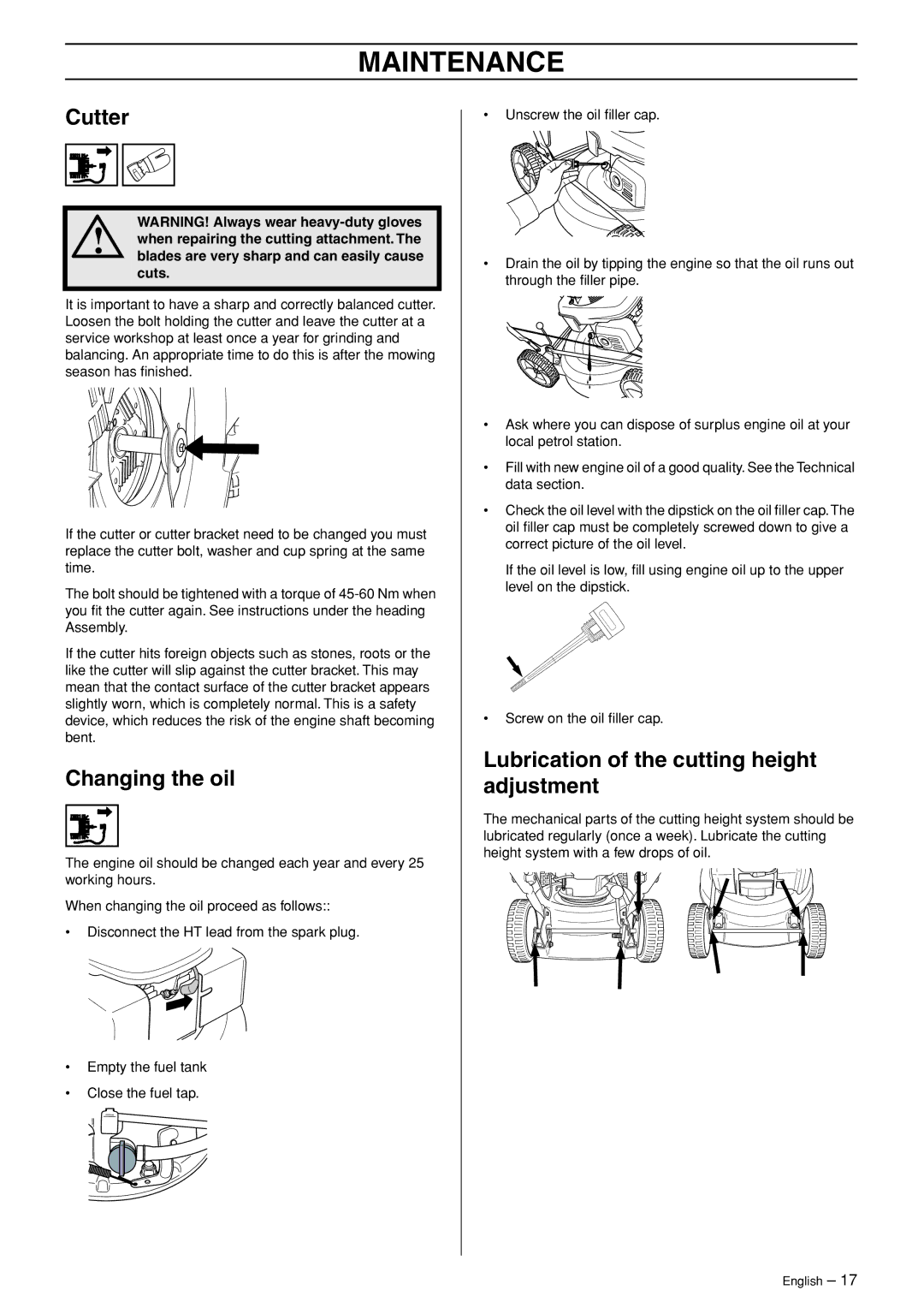 Husqvarna M48 Pro, M53 S Pro manual Cutter, Changing the oil, Lubrication of the cutting height adjustment 