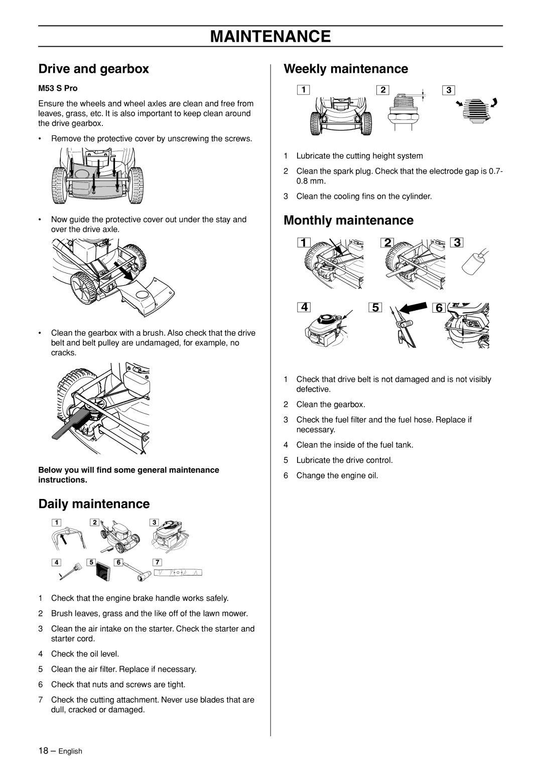 Husqvarna M48 Pro, M53 S Pro manual Drive and gearbox, Weekly maintenance, Monthly maintenance, Daily maintenance 