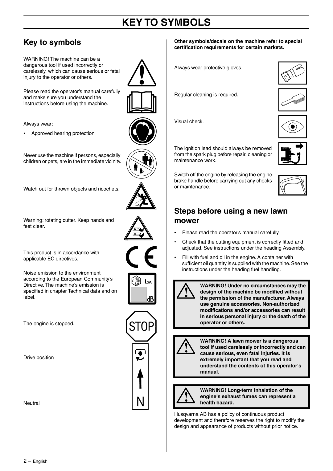 Husqvarna M48 Pro, M53 S Pro manual KEY to Symbols, Key to symbols, Steps before using a new lawn mower 