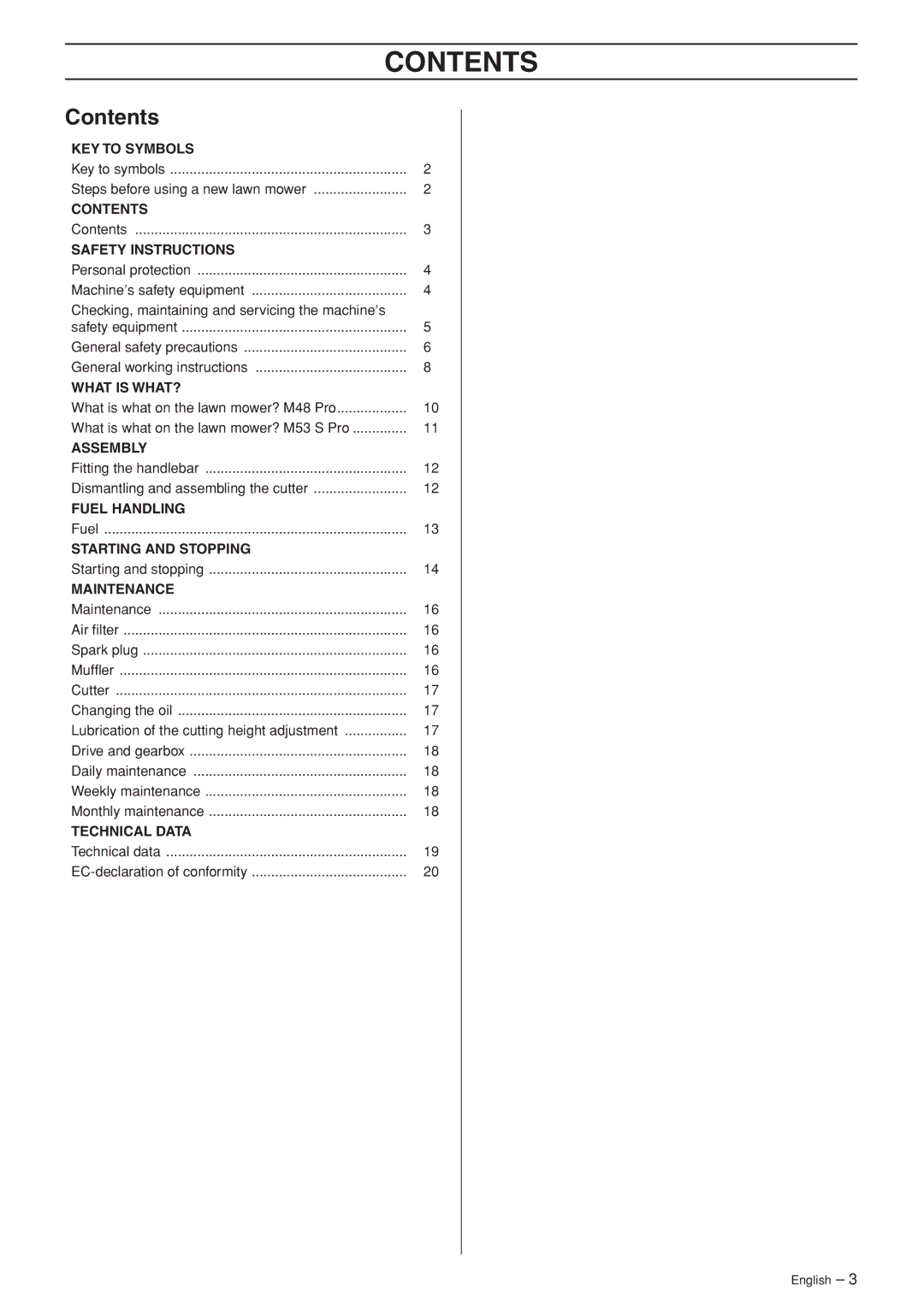 Husqvarna M48 Pro, M53 S Pro manual Contents 