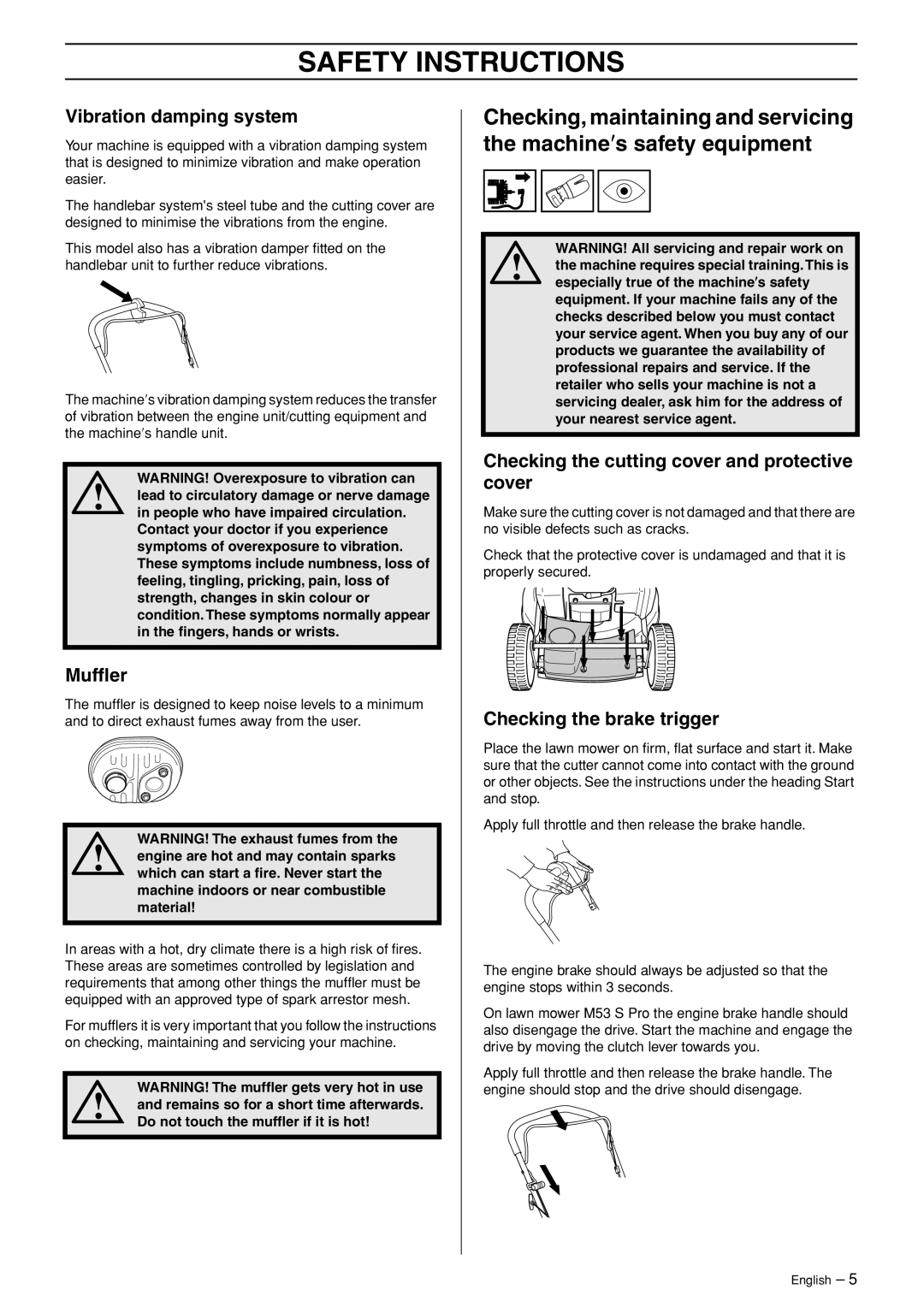Husqvarna M48 Pro, M53 S Pro manual Vibration damping system, Mufﬂer, Checking the cutting cover and protective cover 