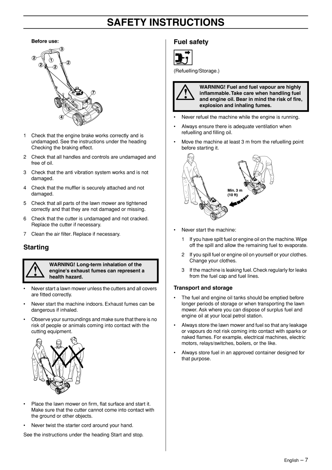 Husqvarna M48 Pro, M53 S Pro manual Starting, Fuel safety, Transport and storage, Before use 