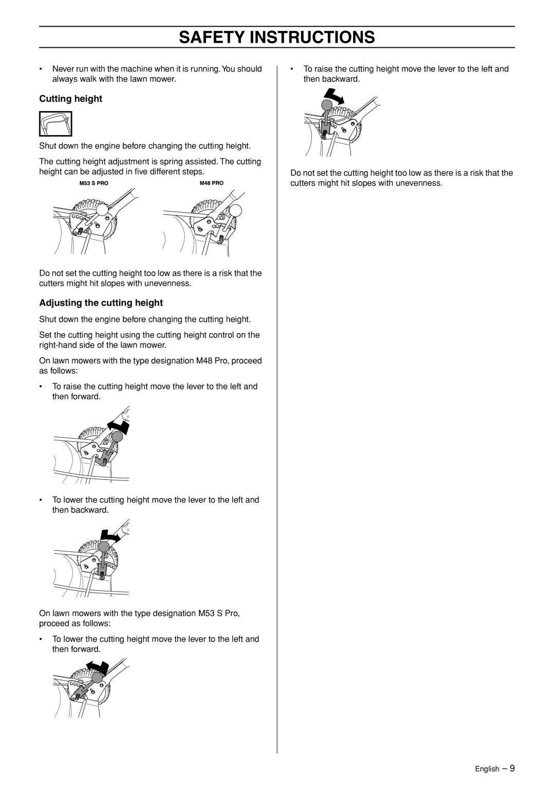 Husqvarna M48 Pro, M53 S Pro manual Cutting height, Adjusting the cutting height 