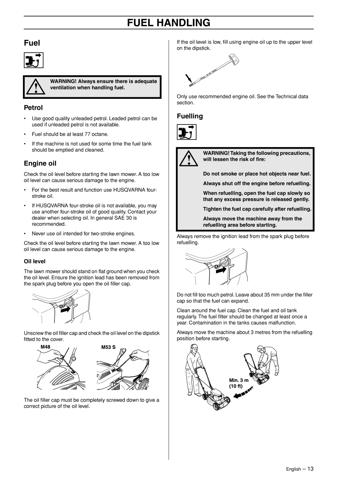 Husqvarna M48 Pro, M53 S manual Fuel Handling, Petrol, Engine oil, Fuelling 