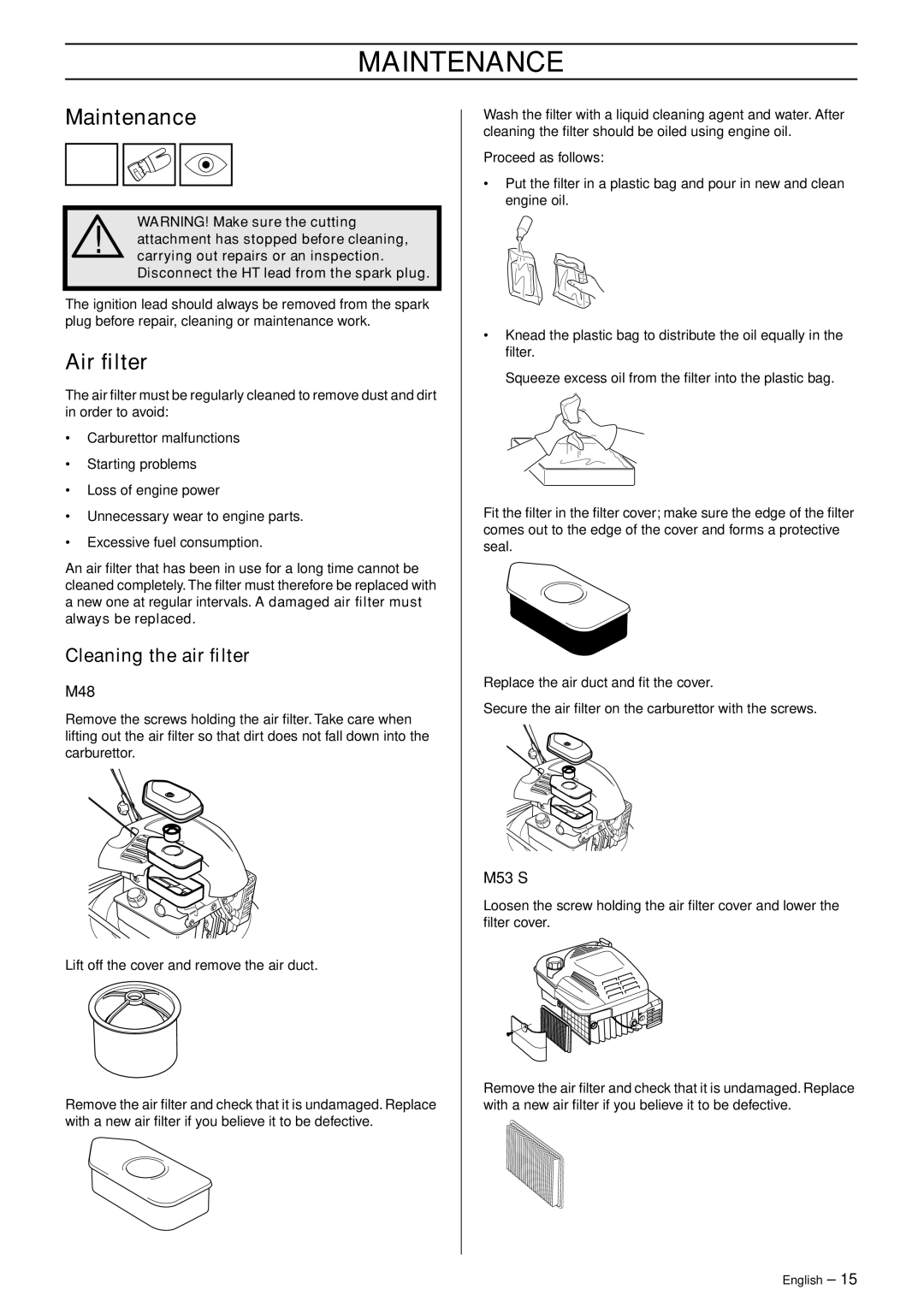 Husqvarna M48 Pro, M53 S manual Maintenance, Air ﬁlter, Cleaning the air ﬁlter 