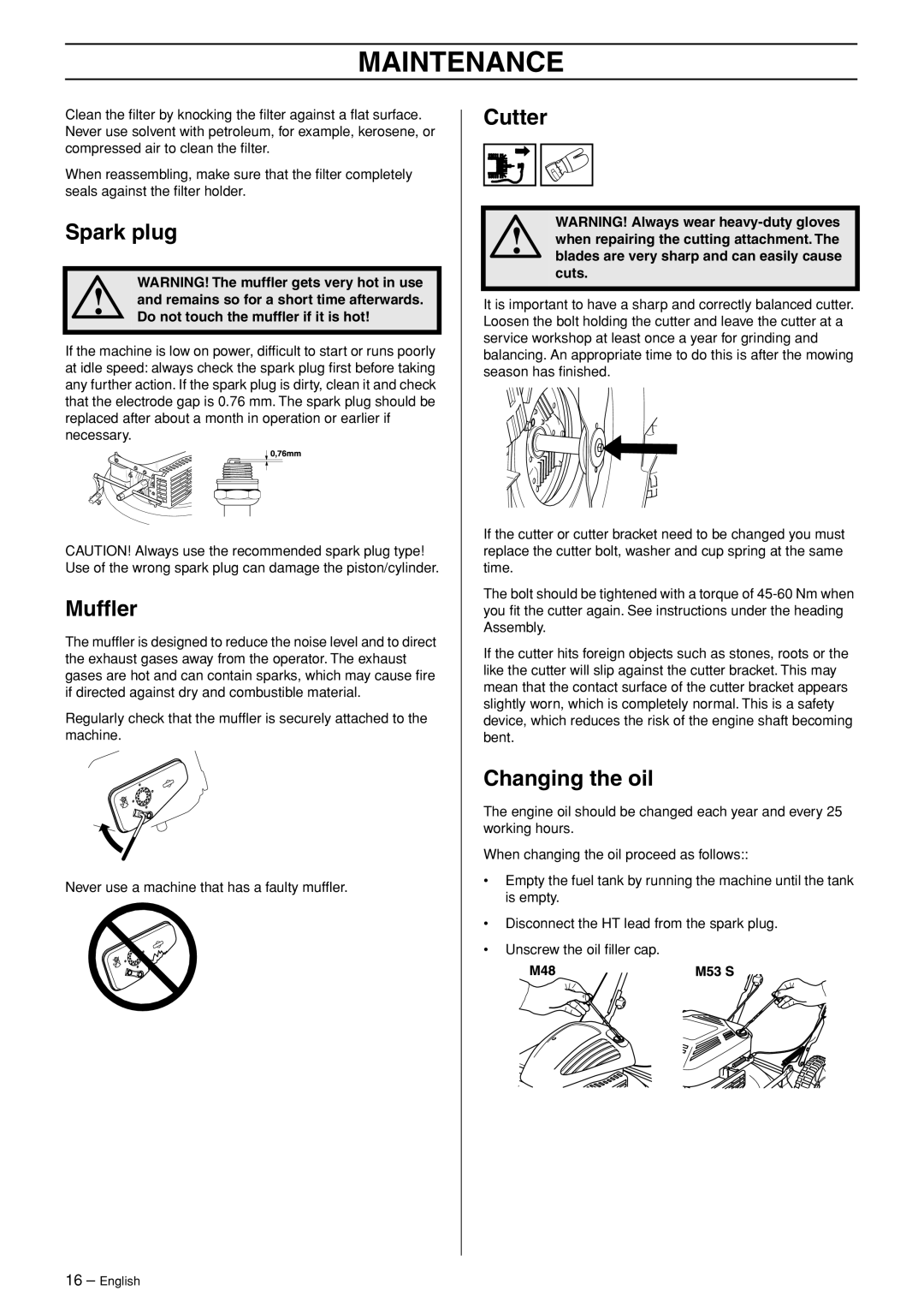 Husqvarna M53 S, M48 Pro manual Spark plug, Mufﬂer, Cutter, Changing the oil 