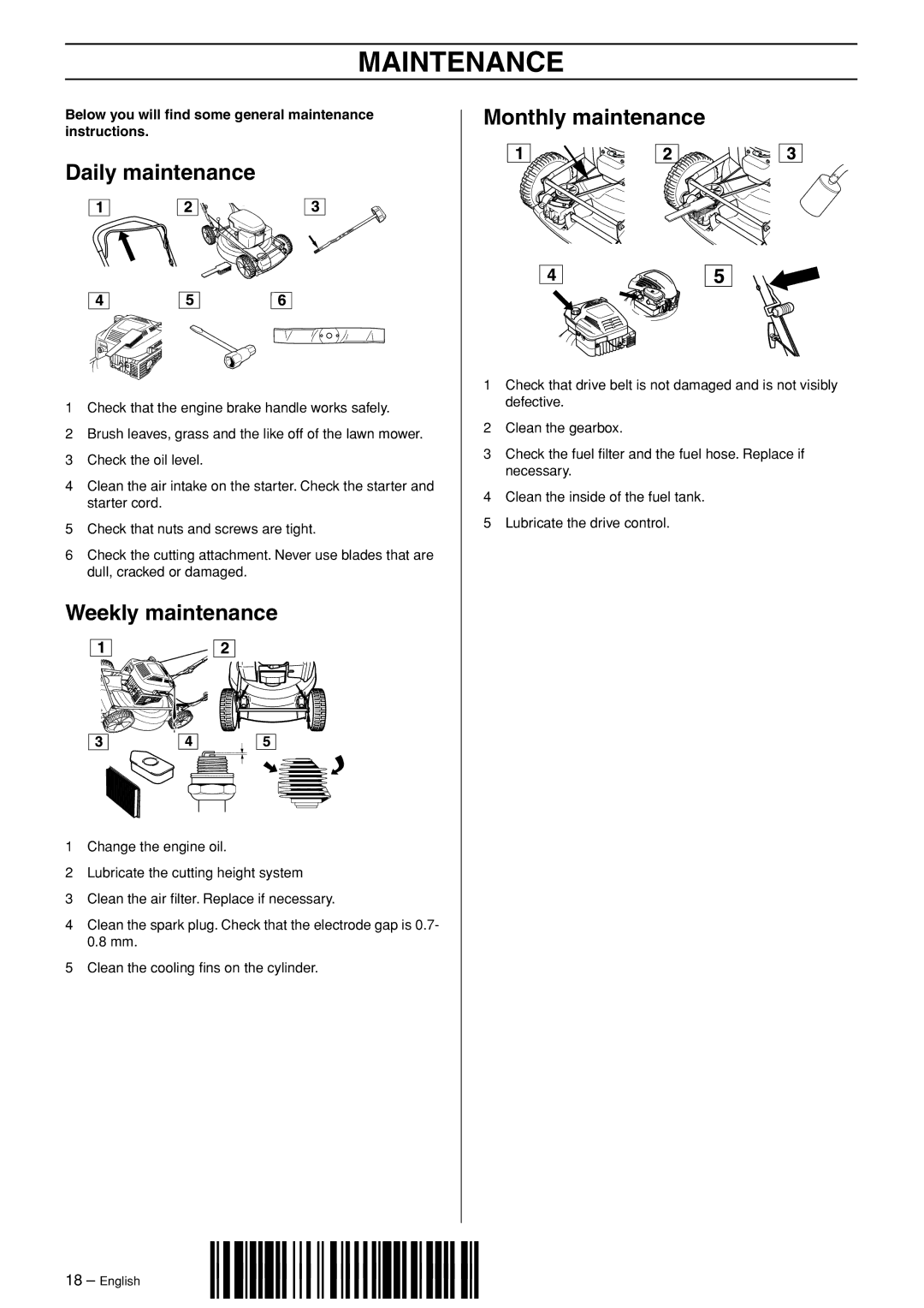 Husqvarna M53 S, M48 Pro manual Daily maintenance, Weekly maintenance, Monthly maintenance 