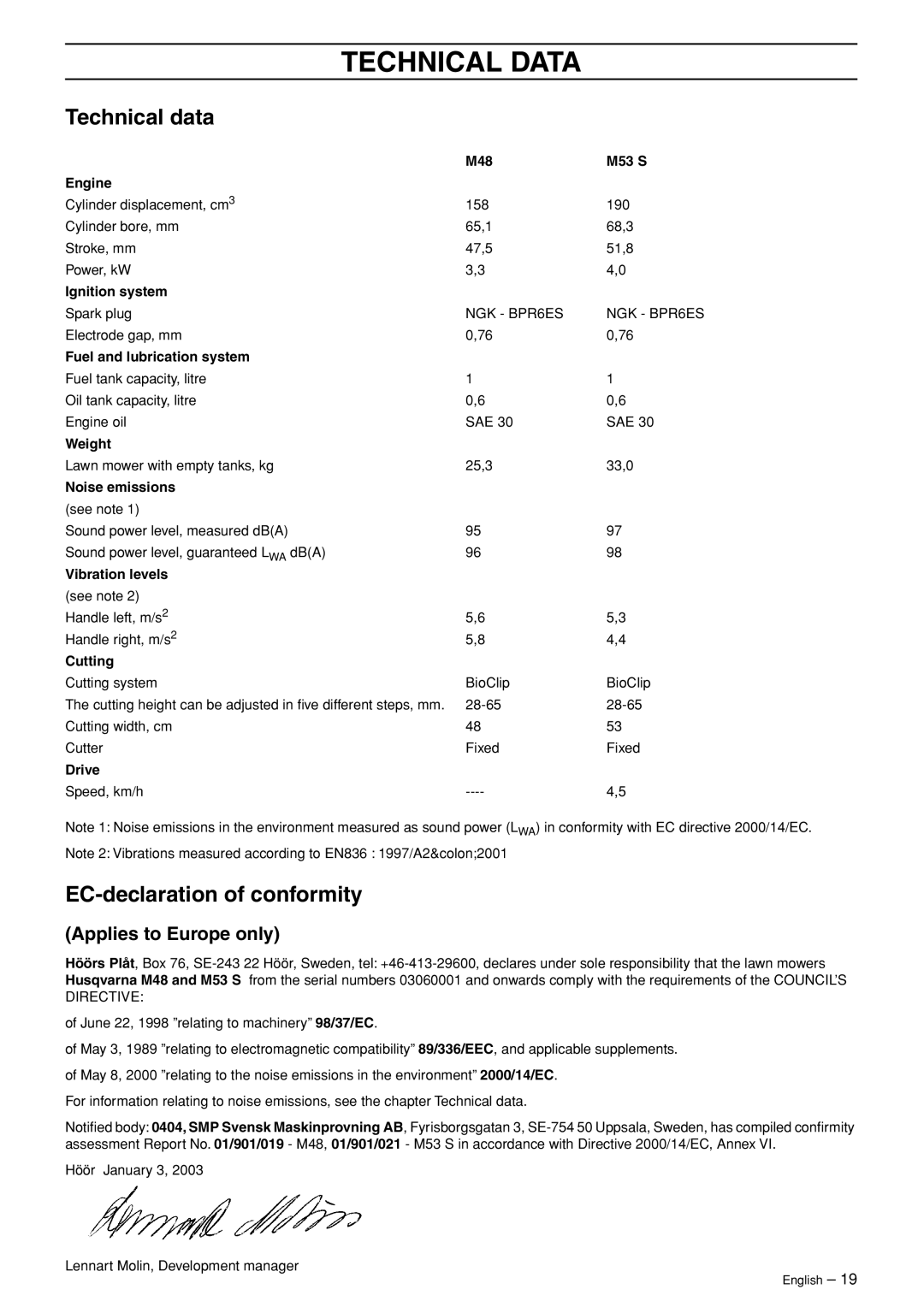 Husqvarna M48 Pro, M53 S manual Technical Data, Technical data, EC-declaration of conformity, Applies to Europe only 