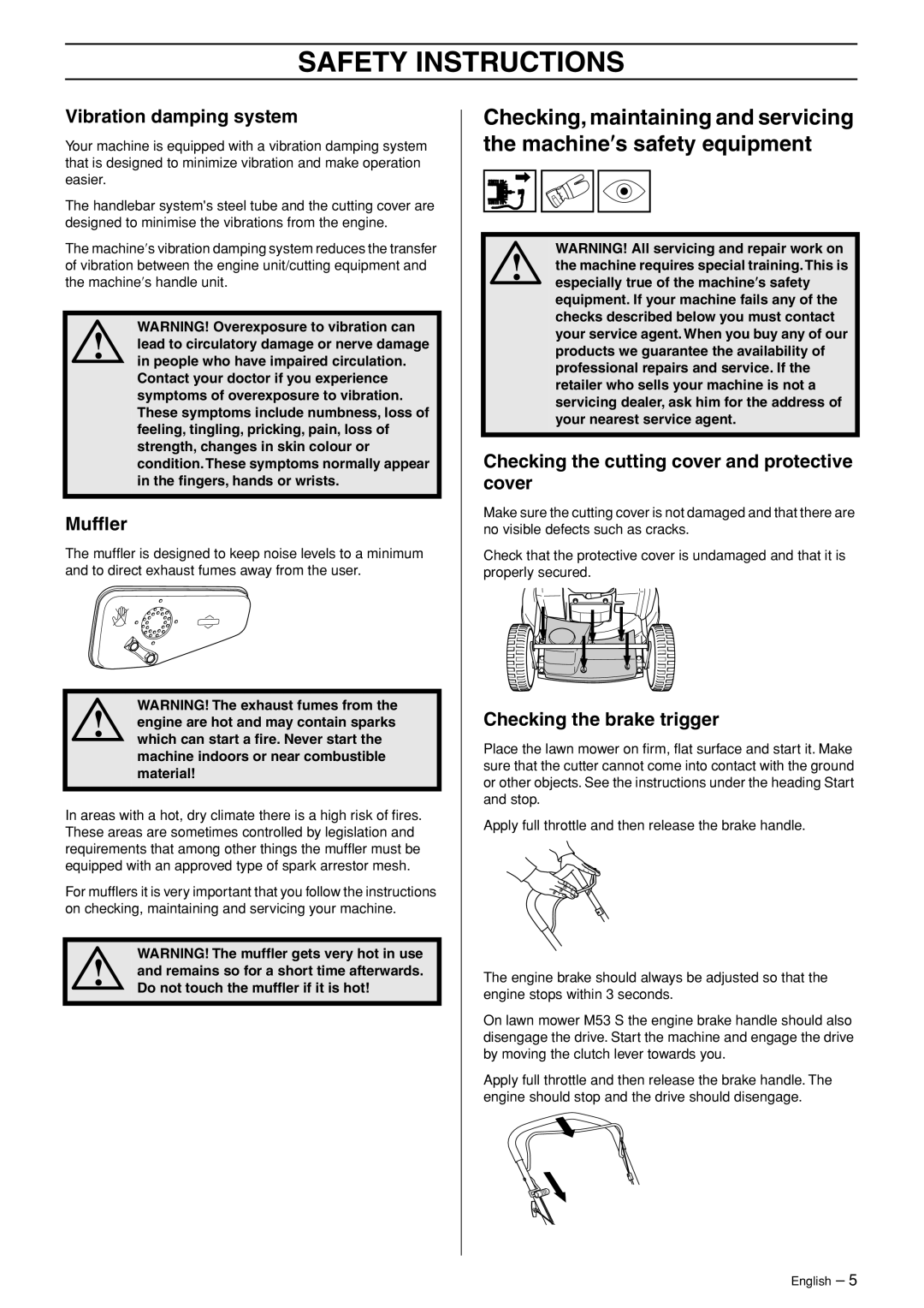 Husqvarna M48 Pro, M53 S manual Vibration damping system, Mufﬂer, Checking the cutting cover and protective cover 