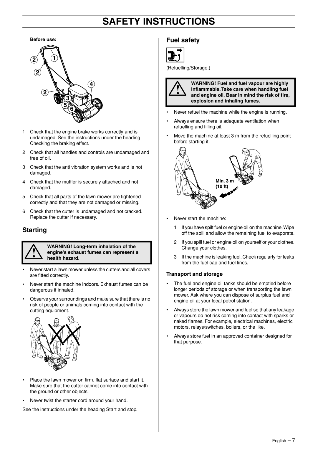 Husqvarna M48 Pro, M53 S manual Starting, Fuel safety, Transport and storage, Before use 