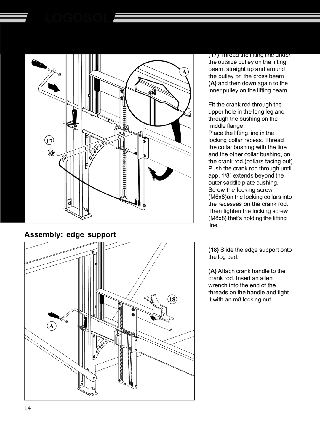 Husqvarna M7 manual Assembly crank and lifting cable, Assembly edge support 