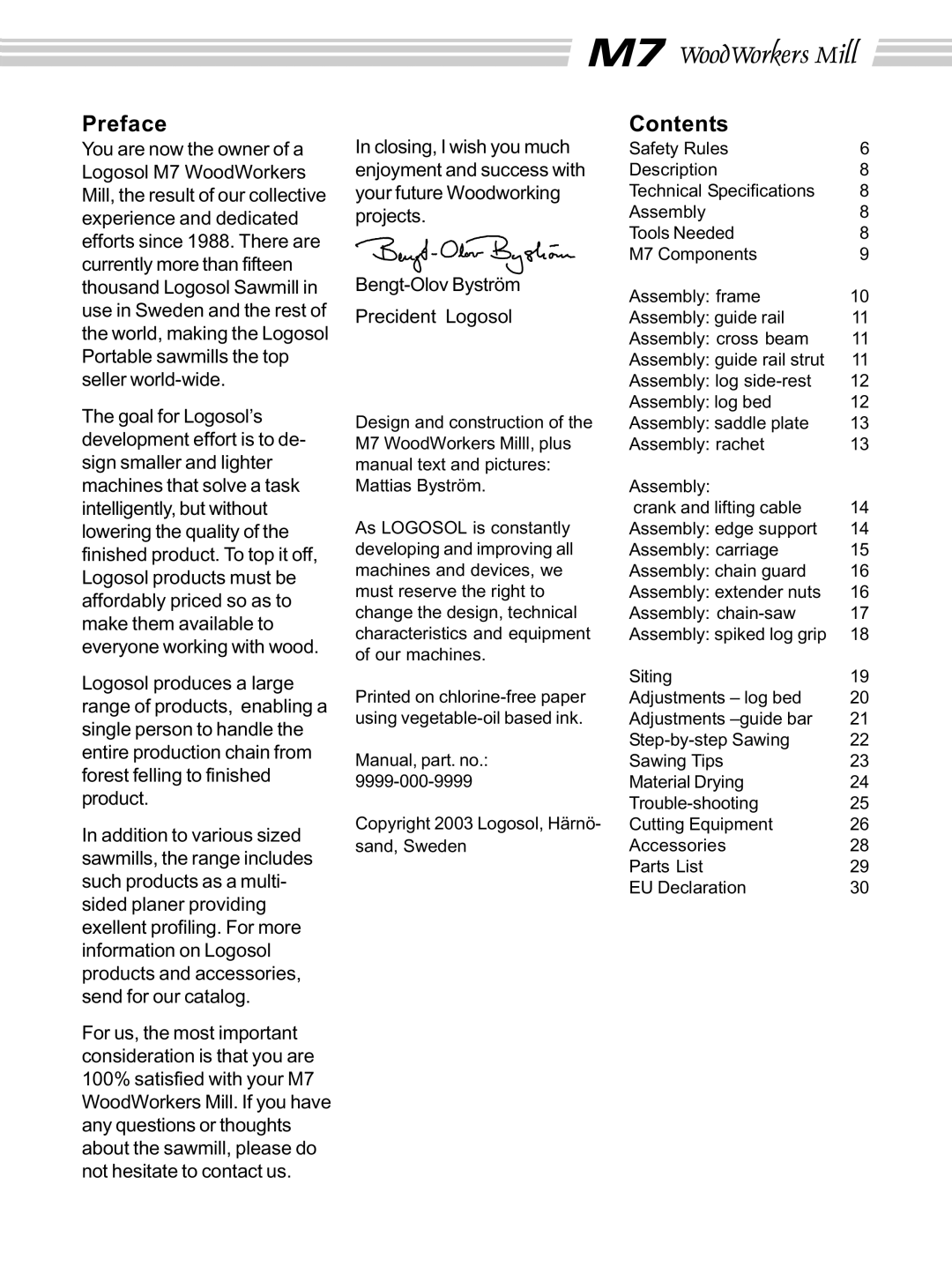 Husqvarna M7 manual Preface, Contents 