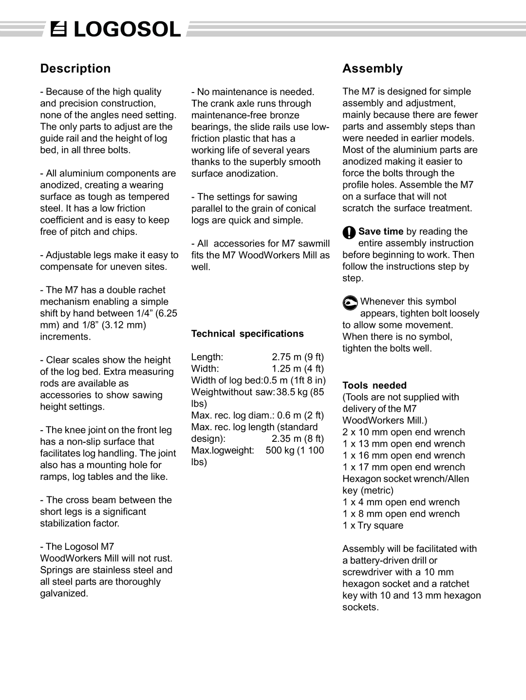 Husqvarna M7 manual Description Assembly, Technical specifications 