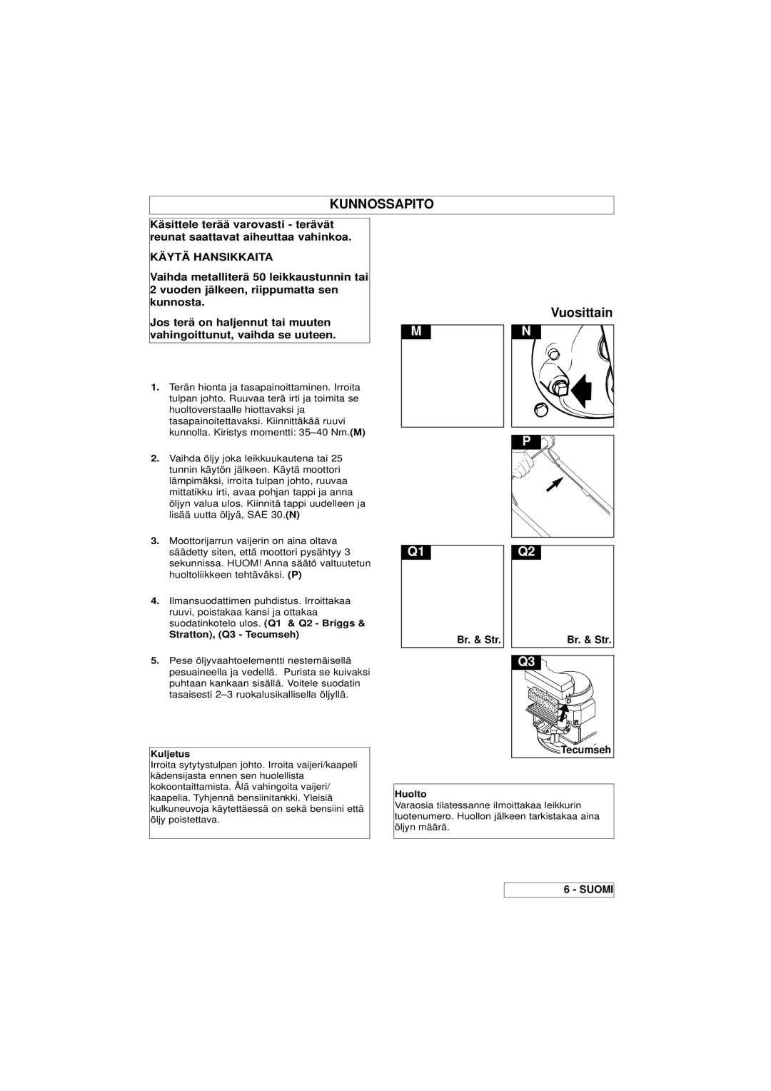 Husqvarna Master 46 manual Vuosittain, Stratton, Q3 Tecumseh, Kuljetus, Huolto 