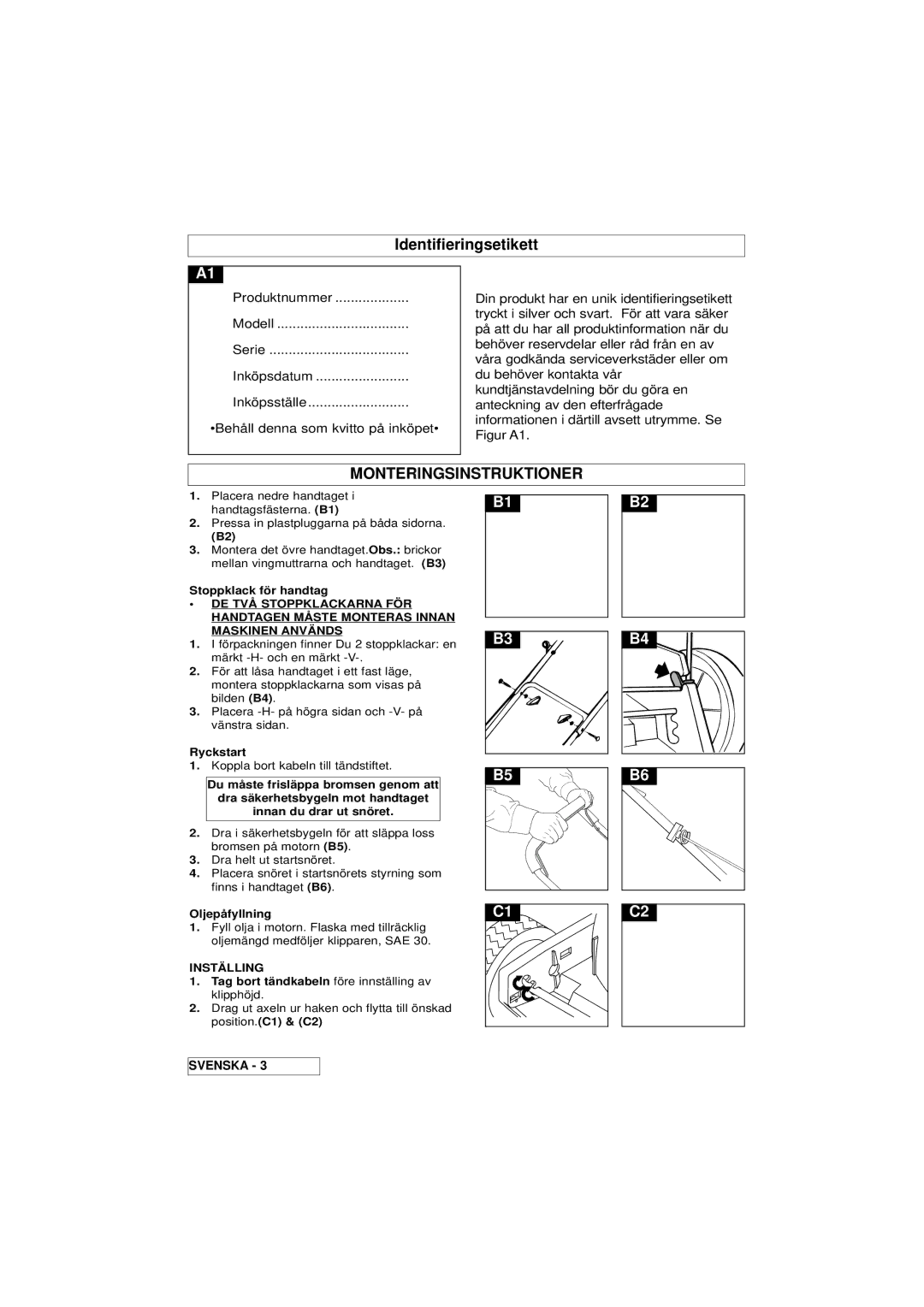 Husqvarna Master 46 manual Identifieringsetikett, Monteringsinstruktioner, Inställing 