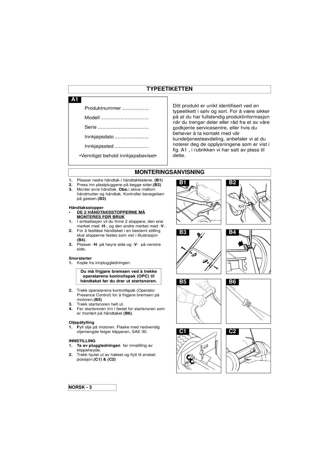 Husqvarna Master 46 manual Typeetiketten, Monteringsanvisning, Håndtaksstopper, Snorstarter, Oljepåfylling 