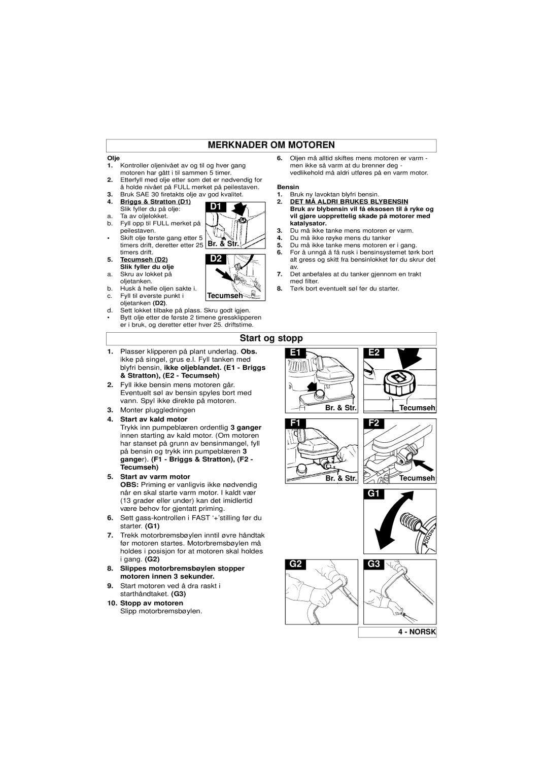 Husqvarna Master 46 manual Merknader OM Motoren, Start og stopp, Br. & Str, Tecumseh 