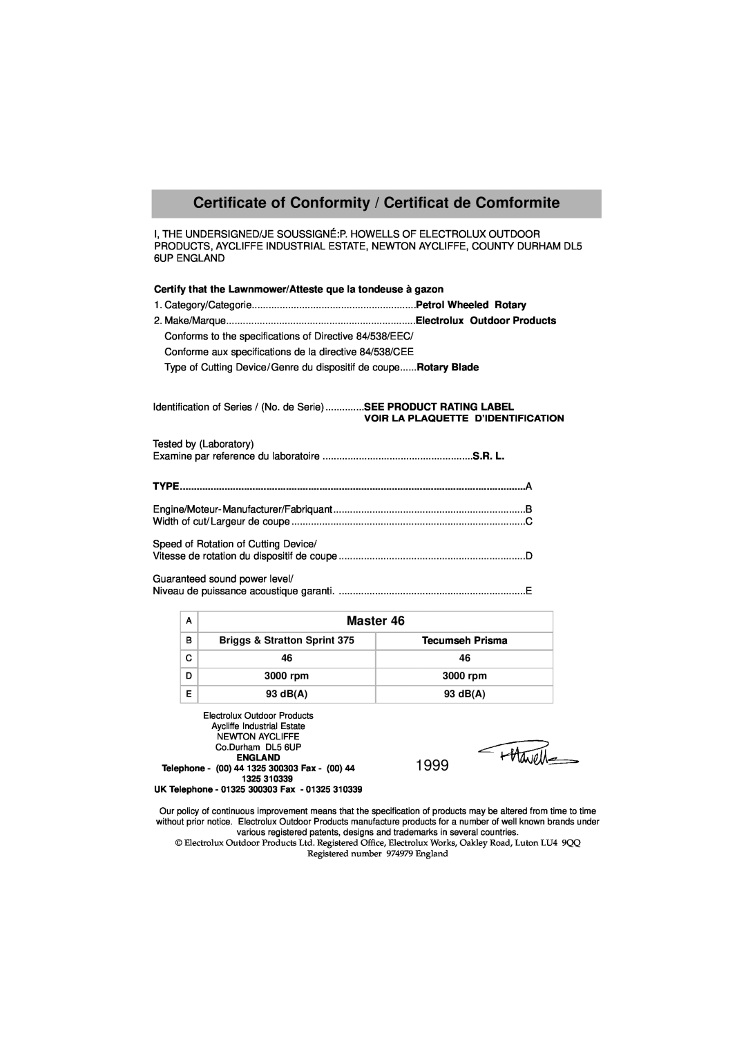 Husqvarna Master 46 manual Certificate of Conformity / Certificat de Comformite, 1999, Petrol Wheeled Rotary, Rotary Blade 