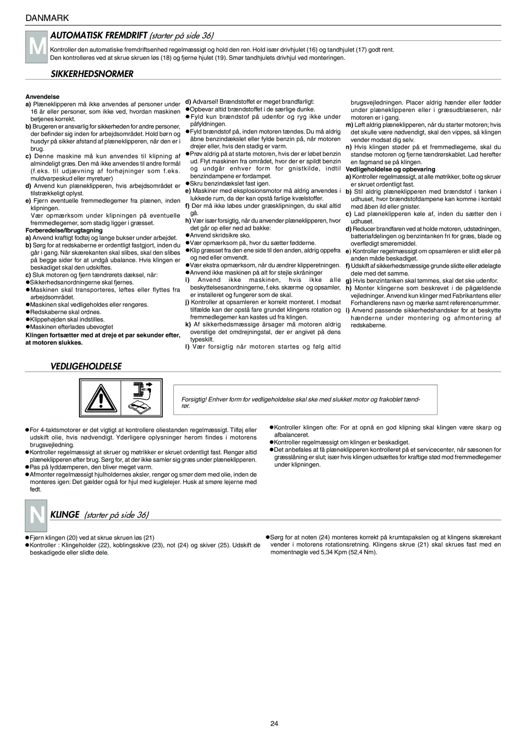 Husqvarna MASTER 50 S Automatisk Fremdrift starter på side, Sikkerhedsnormer, Vedligeholdelse, Klinge starter på side 