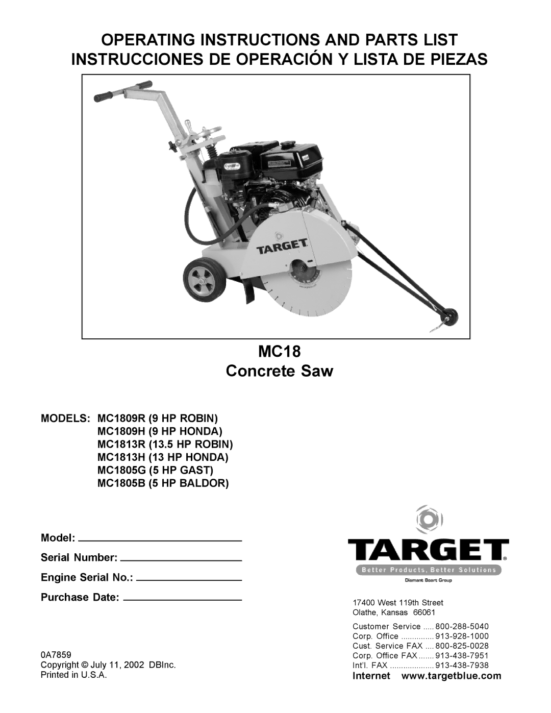 Husqvarna MC1805B, MC1809H, MC1809R, MC1813H, MC1813R, MC1805G operating instructions MC18 Concrete Saw 