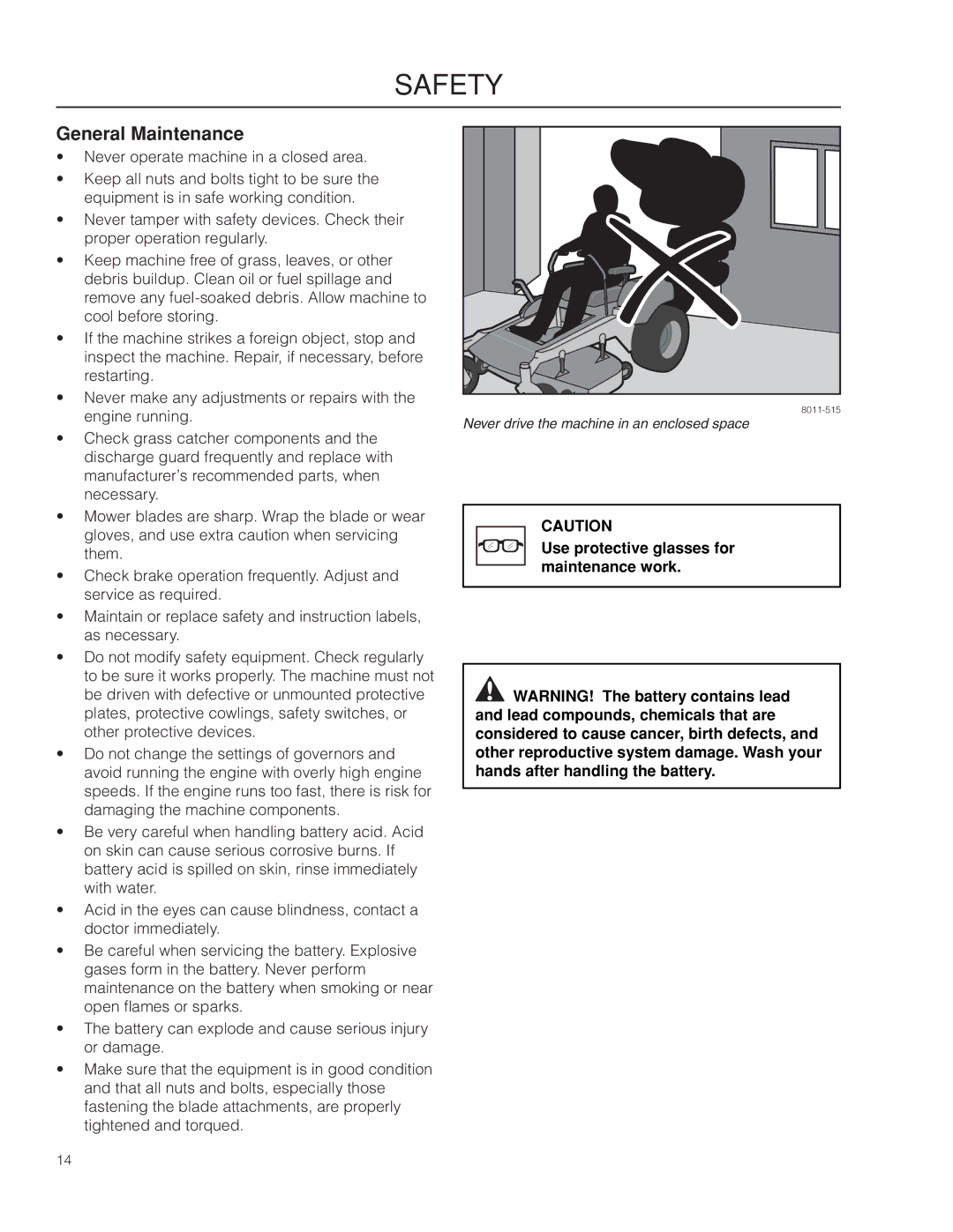 Husqvarna MZ61 warranty General Maintenance, Use protective glasses for maintenance work 