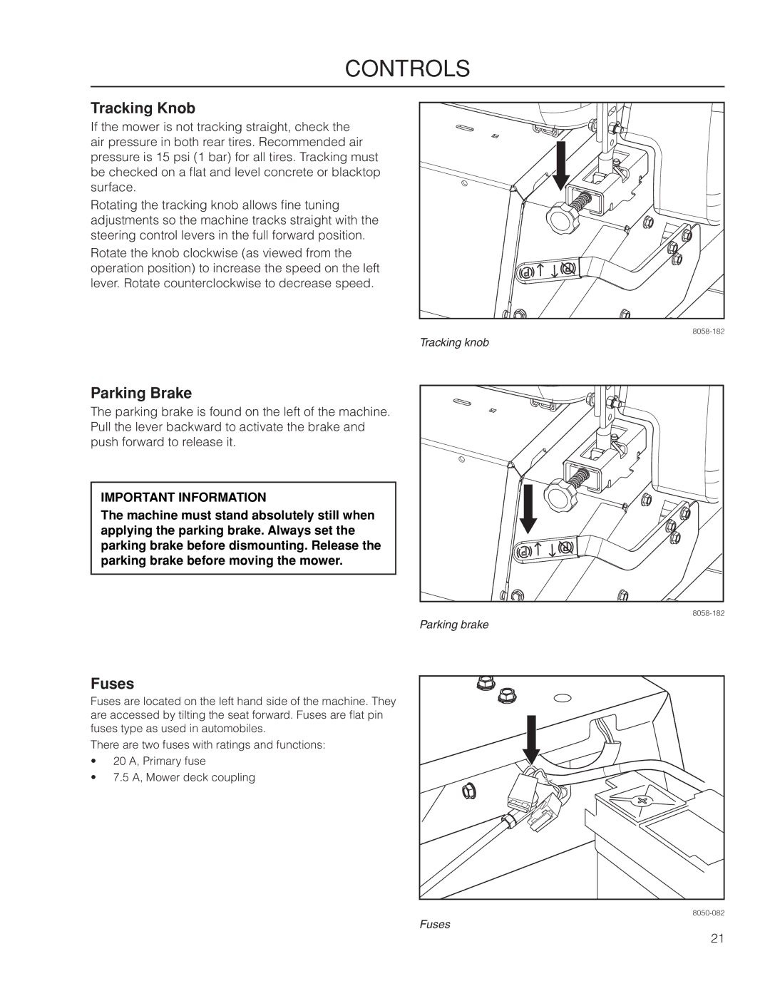 Husqvarna MZ61 warranty Tracking Knob, Parking Brake, Fuses 