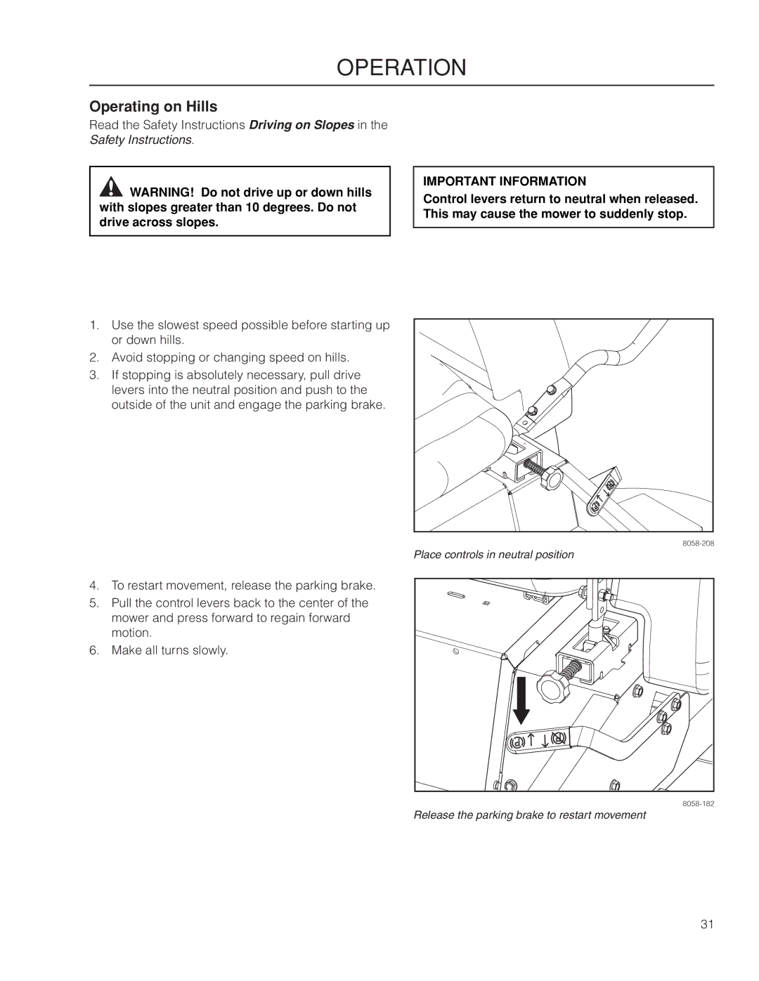 Husqvarna MZ61 warranty Operating on Hills 