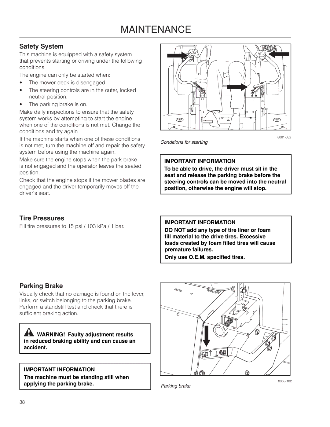 Husqvarna MZ61 warranty Safety System, Tire Pressures 