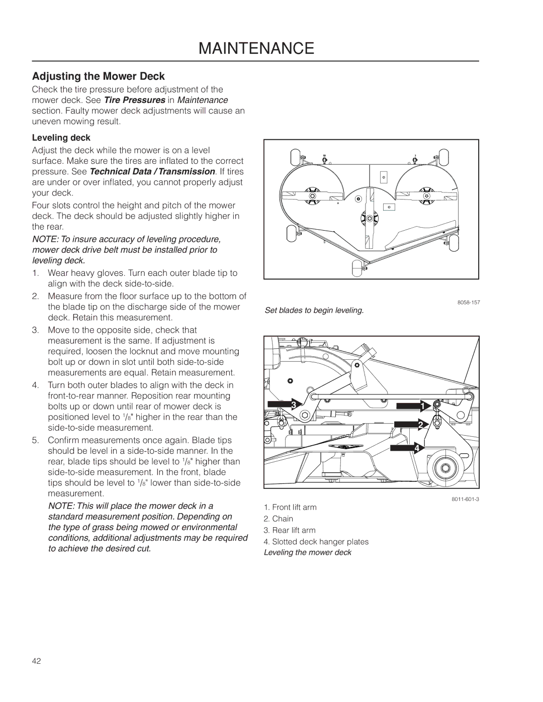 Husqvarna MZ61 warranty Adjusting the Mower Deck, Leveling deck 