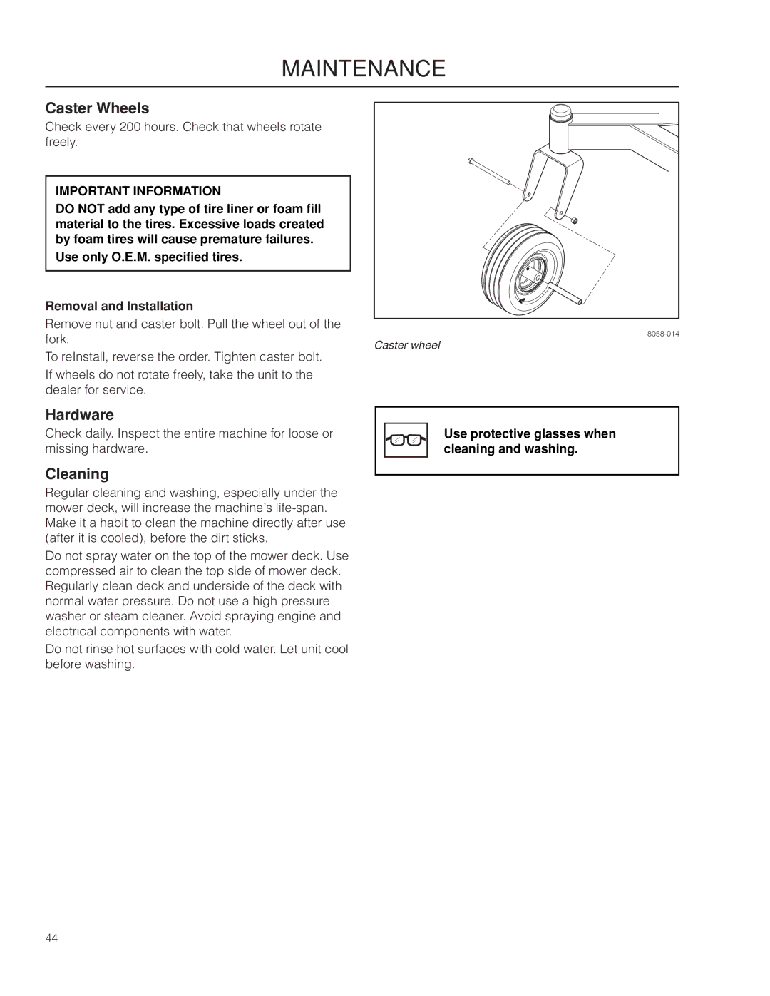 Husqvarna MZ61 warranty Caster Wheels, Hardware, Cleaning, Use protective glasses when cleaning and washing 