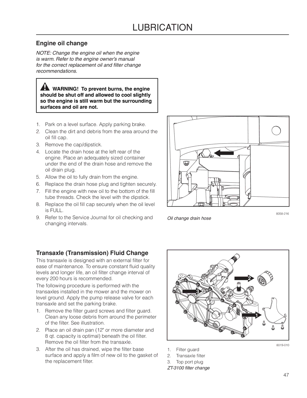 Husqvarna MZ61 warranty Engine oil change, Transaxle Transmission Fluid Change 