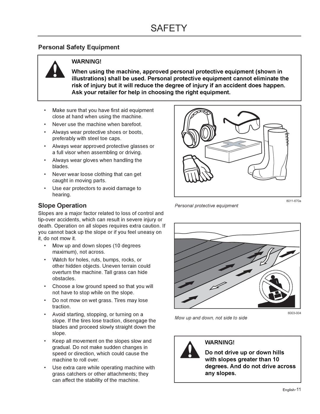 Husqvarna MZ7227 / 968999719, MZ6125C / 968999749, MZ6125BF / 968999721 manual Personal Safety Equipment, Slope Operation 