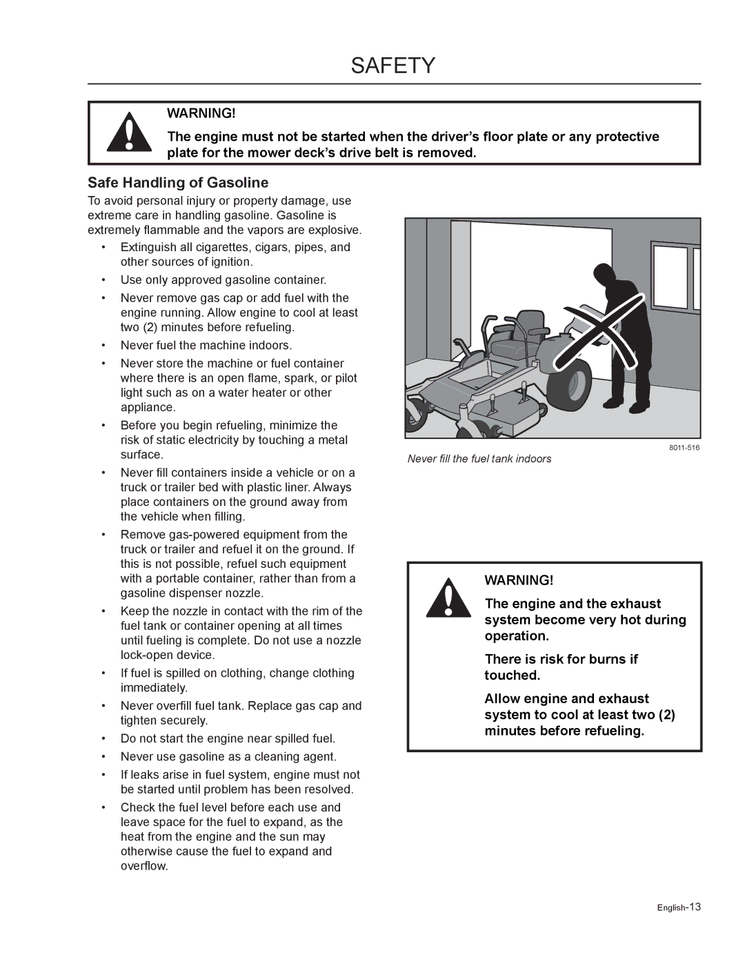 Husqvarna MZ6125 / 968999718, MZ6125C / 968999749, MZ6125BF / 968999721, MZ7227 / 968999719 manual Safe Handling of Gasoline 