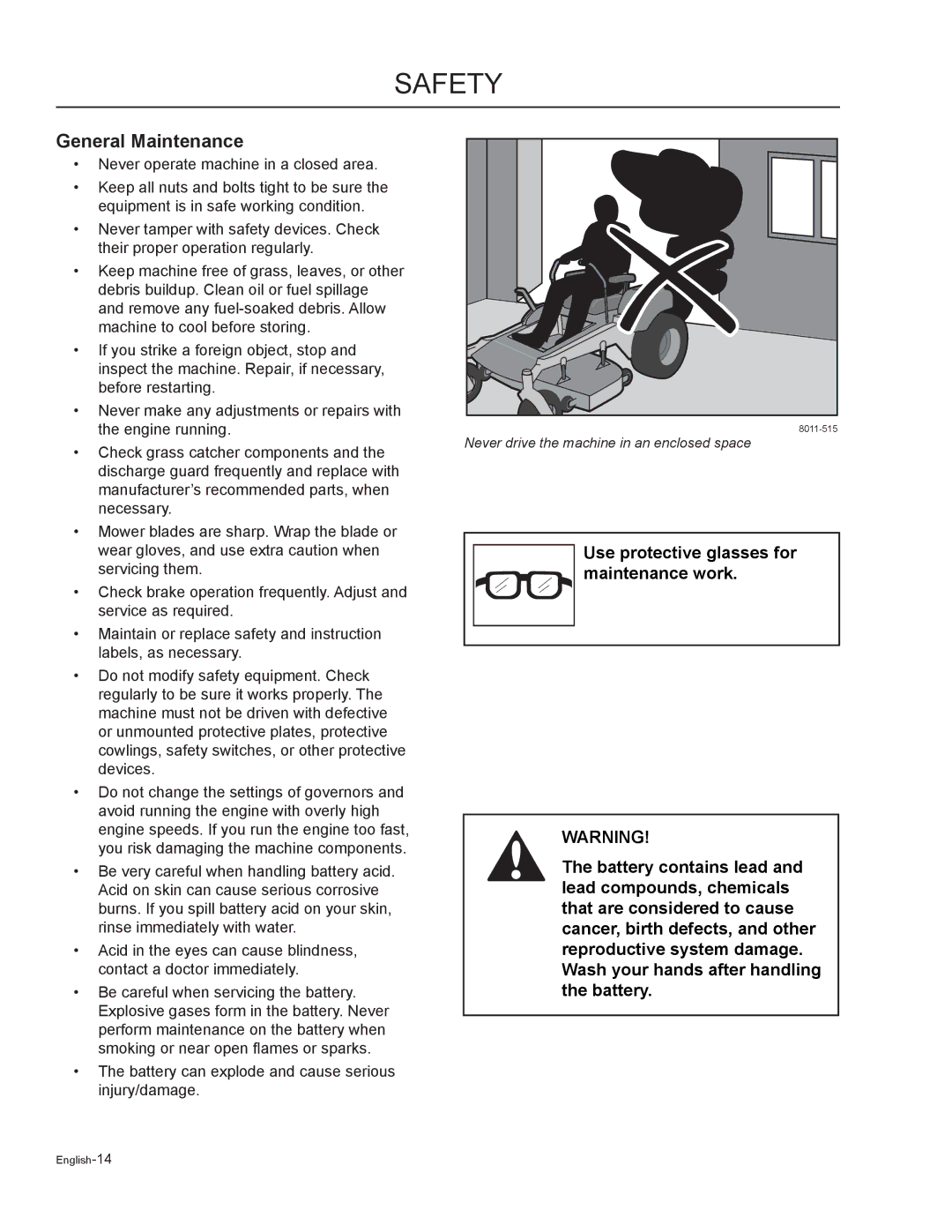 Husqvarna MZ5225C / 968999748, MZ6125C / 968999749, MZ6125BF / 968999721, MZ7227 / 968999719 manual General Maintenance 