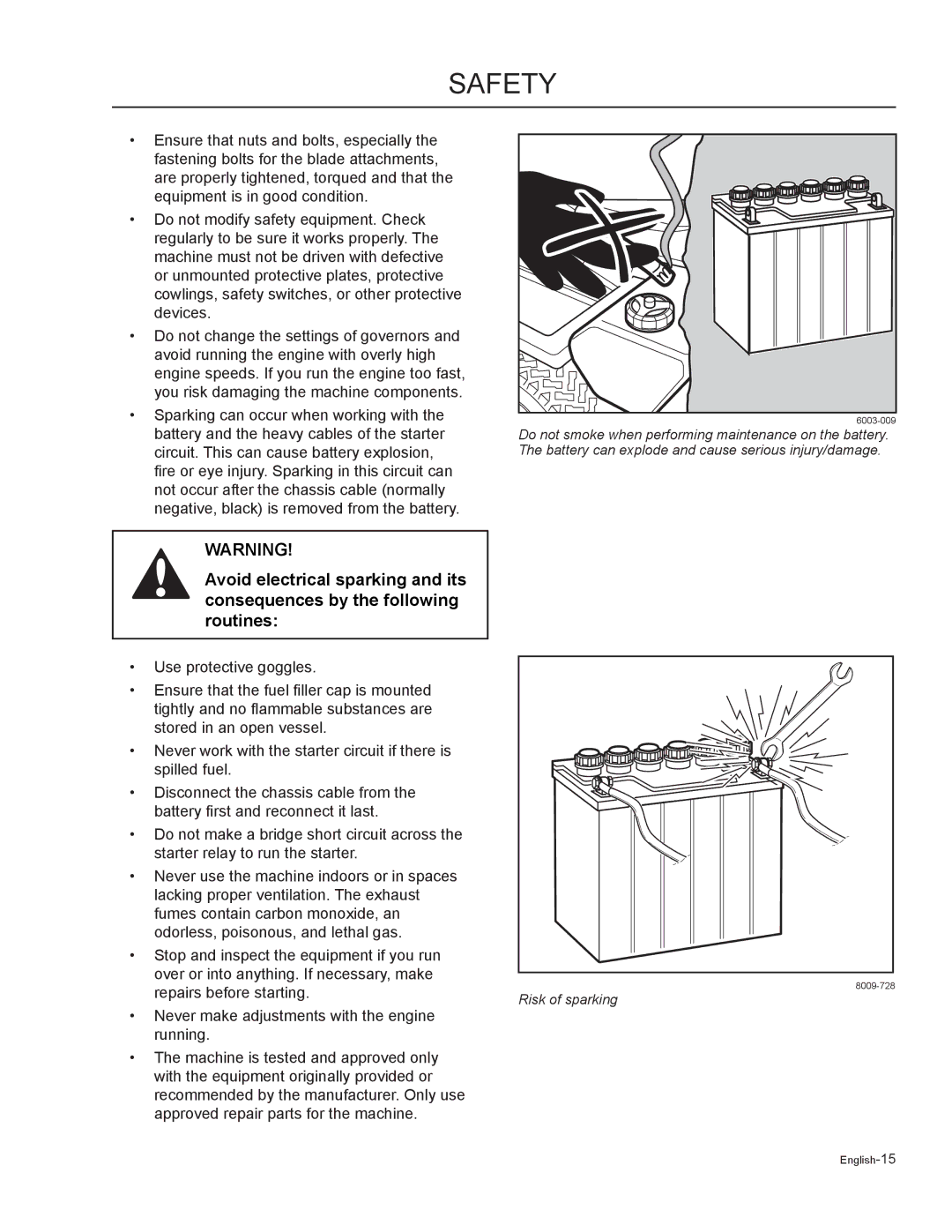 Husqvarna MZ25 / 968999780, MZ6125C / 968999749, MZ6125BF / 968999721, MZ7227 / 968999719 manual Risk of sparking 