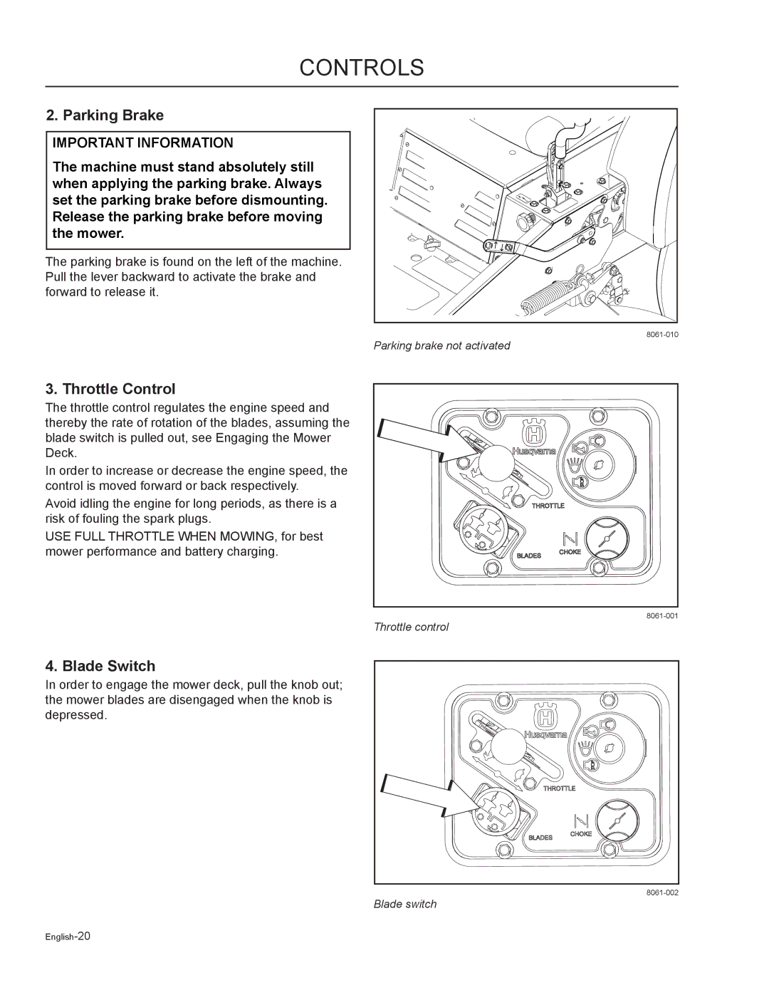 Husqvarna MZ7227 / 968999719, MZ6125C / 968999749, MZ6125BF / 968999721 manual Parking Brake, Throttle Control, Blade Switch 