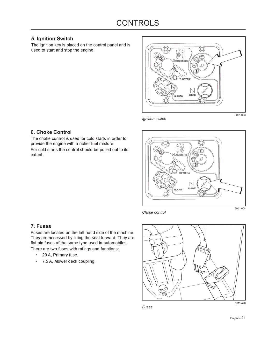 Husqvarna MZ5225BF / 968999720, MZ6125C / 968999749, MZ6125BF / 968999721 manual Ignition Switch, Choke Control, Fuses 