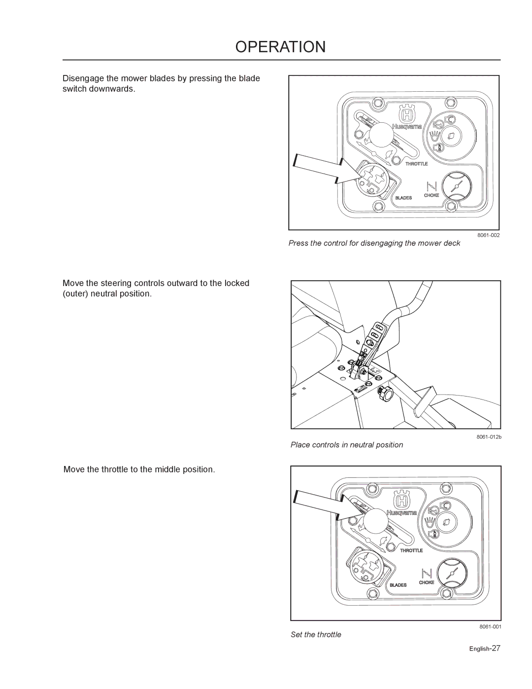 Husqvarna MZ6125C / 968999749, MZ6125BF / 968999721, MZ7227 / 968999719 Press the control for disengaging the mower deck 