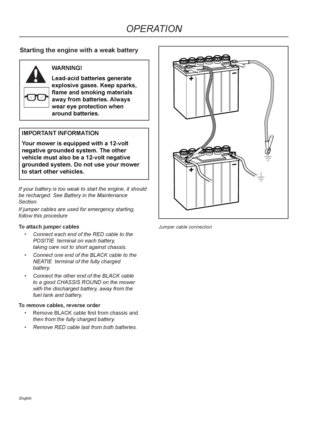 Husqvarna MZ5225BF / 968999720, MZ6125C / 968999749 manual Starting the engine with a weak battery, To attach jumper cables 