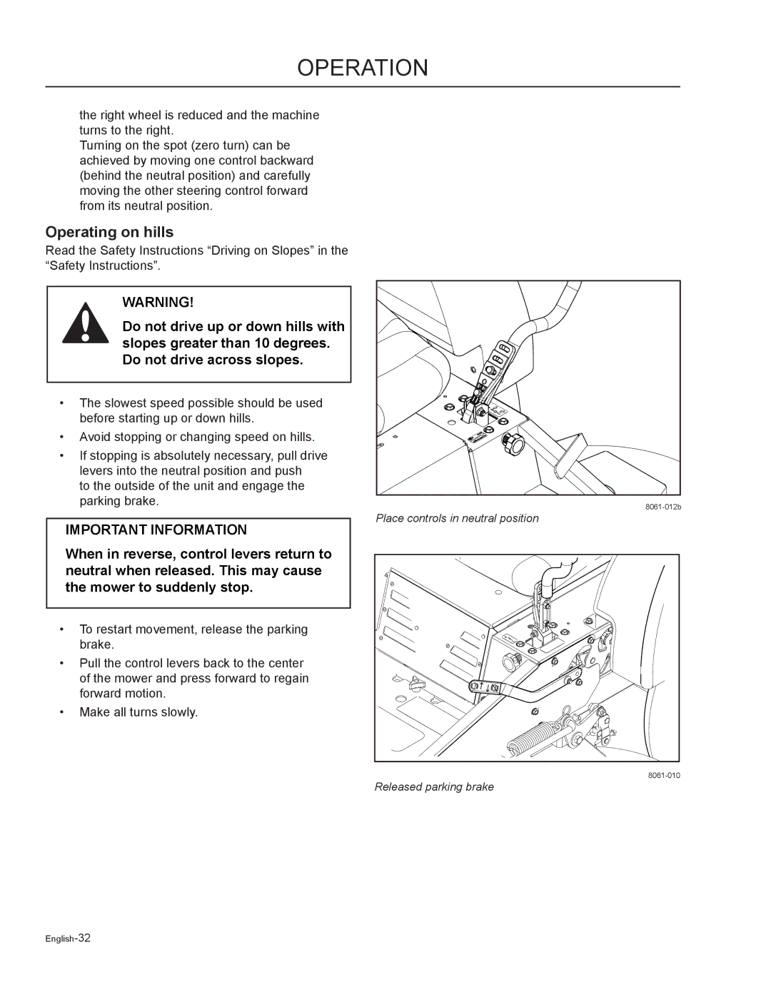 Husqvarna MZ5225C / 968999748, MZ6125C / 968999749, MZ6125BF / 968999721, MZ7227 / 968999719 manual Operating on hills 